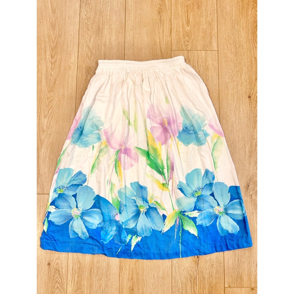 Vintage Nuons Floral Midi Skirt White Blue Watercolor Cotton ILGWU Made in USA 8